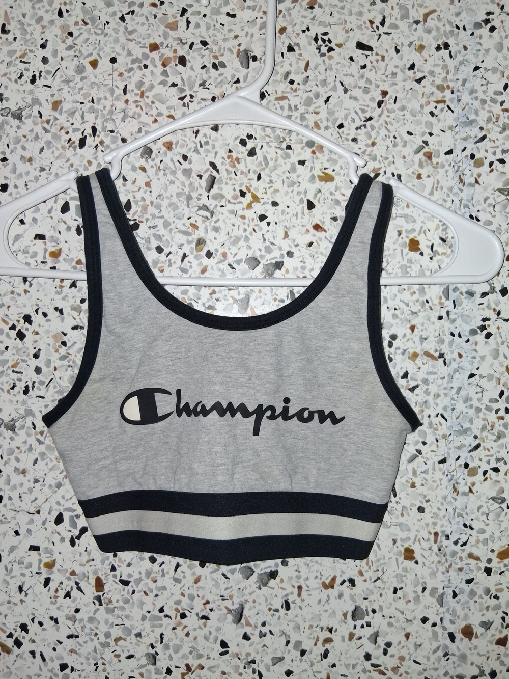Champion Gray Sports Bra with Black Trim and Red Logo